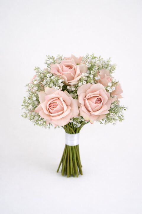 Bouquet for Bride 6 PINK real touch roses and baby breaths