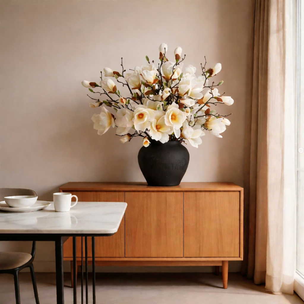 Artificial Pot Magnolia Flower - Black Pot
