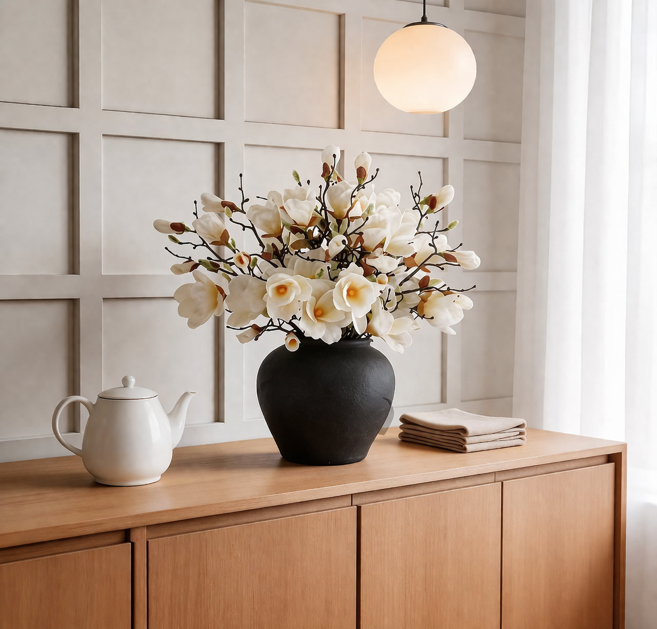 Artificial Pot Magnolia Flower - Black Pot