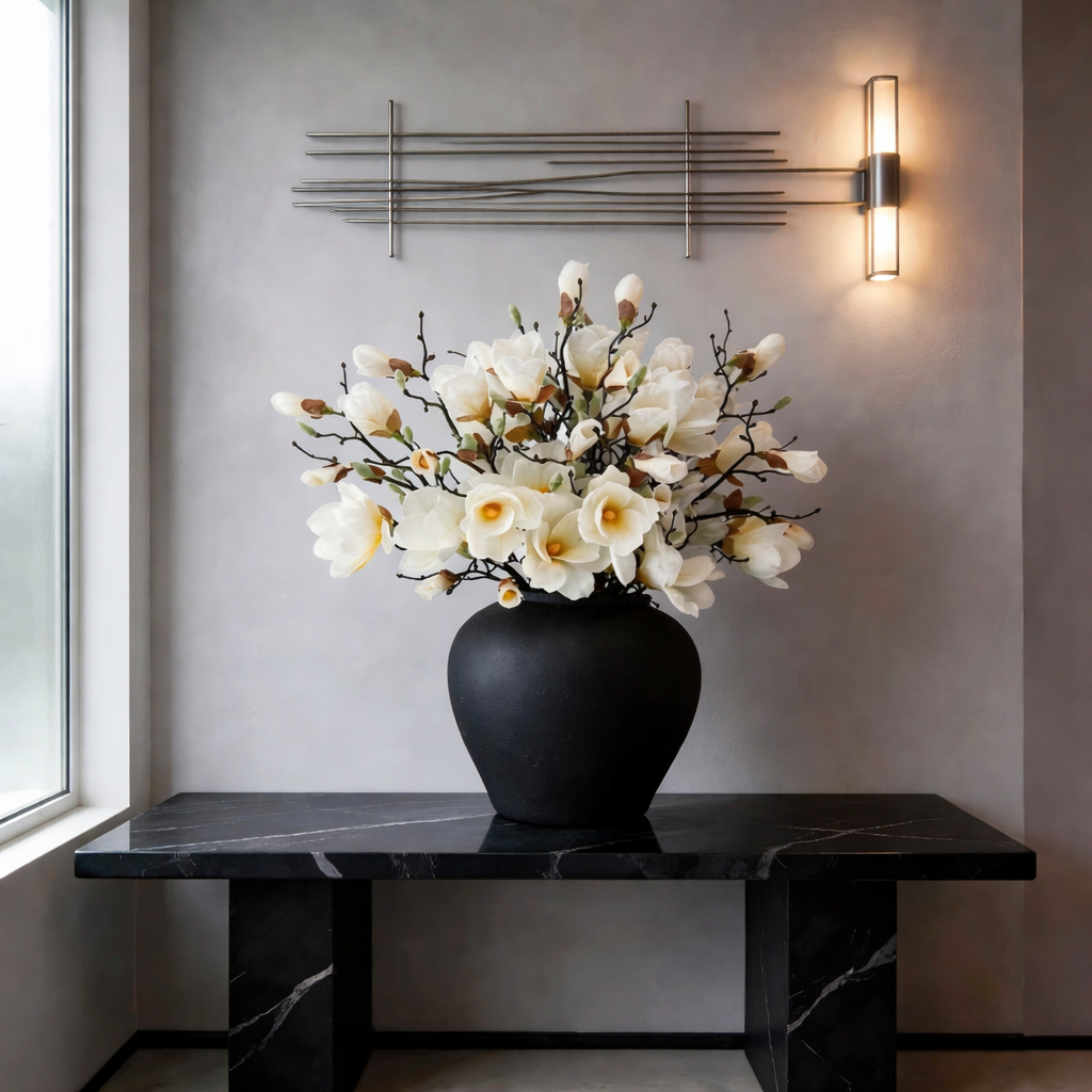 Artificial Pot Magnolia Flower - Black Pot