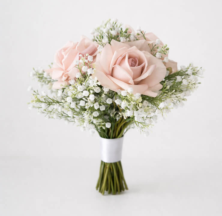 Bouquet for Bridesmaid Size – Real touch Blush pink roses and ultra realistic baby’s breath
