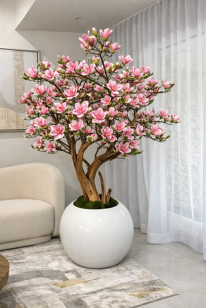 Pink Magnolia Tree in Glossy White Globe Planter